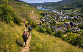 Paar sitzt auf Bank und betrachtet Karte mit Blick auf bewaldete Hügel