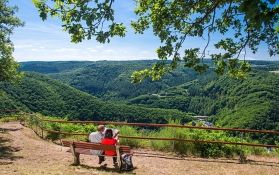Paar sitzt auf Bank und betrachtet Karte mit Blick auf bewaldete Hügel